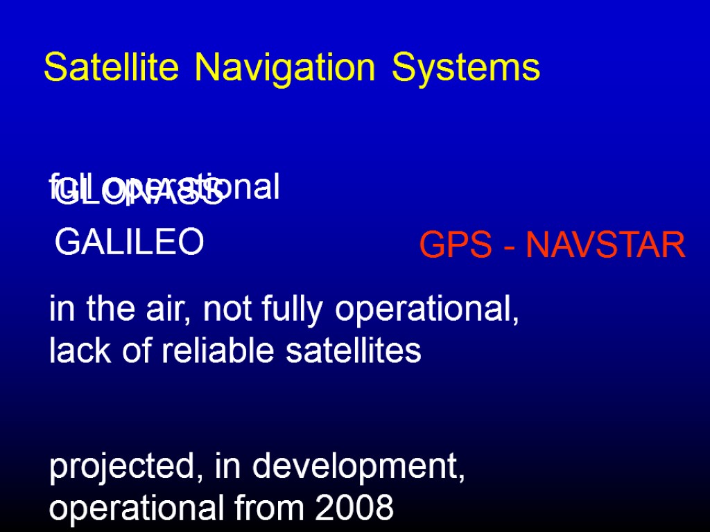 full operational Satellite Navigation Systems GLONASS GPS - NAVSTAR GALILEO in the air, not